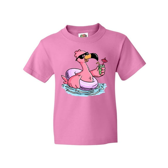 Inktastic Flamingo with Sunglasses Pool Float and Drink Youth T-Shirt