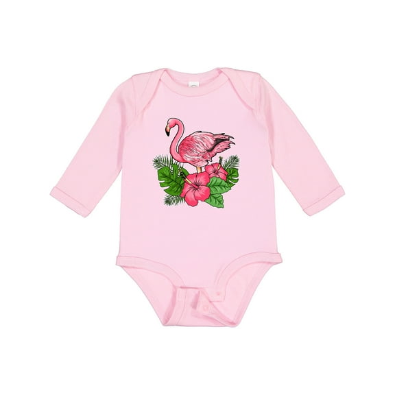 Inktastic Flamingo with Tropical Flowers Boys or Girls Long Sleeve Baby Bodysuit