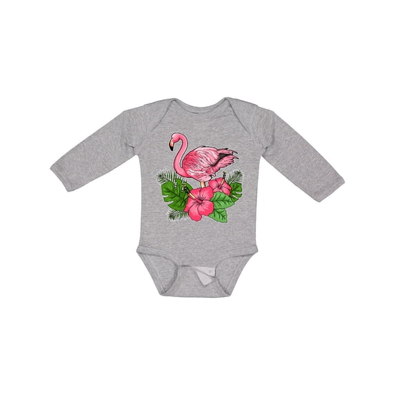 Inktastic Flamingo with Tropical Flowers Boys or Girls Long Sleeve Baby Bodysuit
