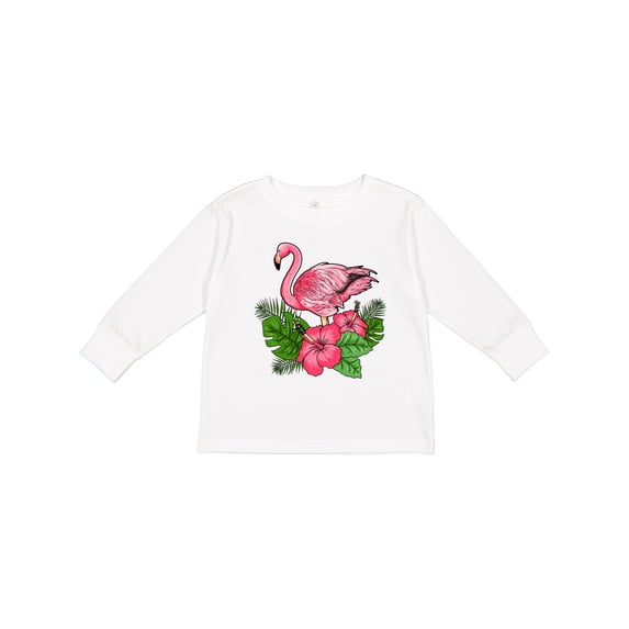 Inktastic Flamingo with Tropical Flowers Boys or Girls Long Sleeve Toddler T-Shirt