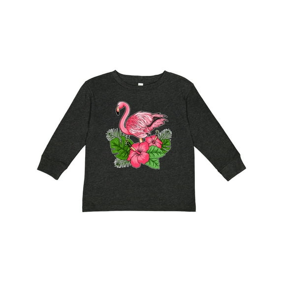 Inktastic Flamingo with Tropical Flowers Boys or Girls Long Sleeve Toddler T-Shirt
