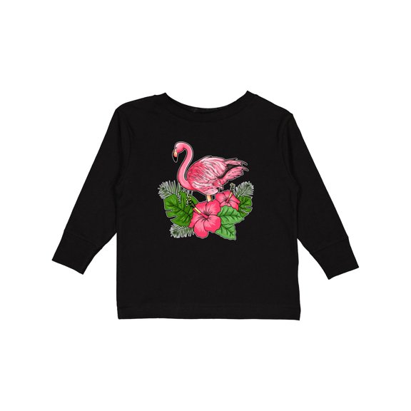 Inktastic Flamingo with Tropical Flowers Boys or Girls Long Sleeve Toddler T-Shirt