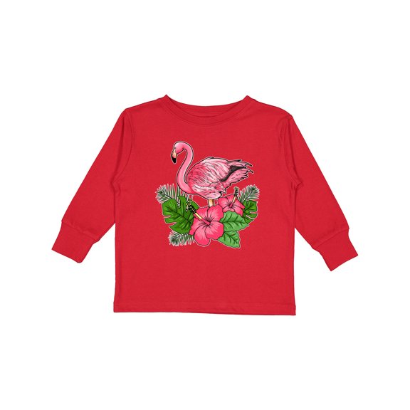 Inktastic Flamingo with Tropical Flowers Boys or Girls Long Sleeve Toddler T-Shirt
