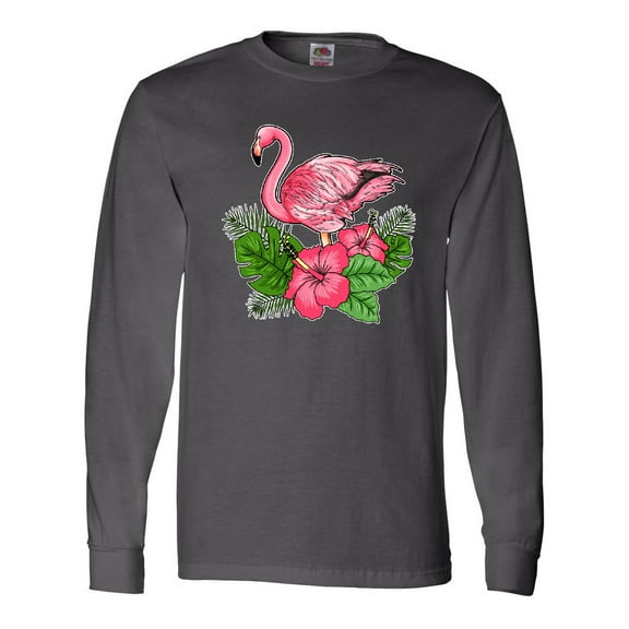 Inktastic Flamingo with Tropical Flowers Long Sleeve T-Shirt