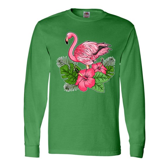 Inktastic Flamingo with Tropical Flowers Long Sleeve T-Shirt