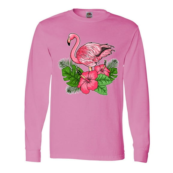 Inktastic Flamingo with Tropical Flowers Long Sleeve T-Shirt