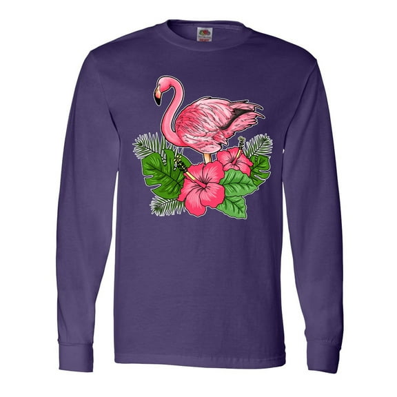 Inktastic Flamingo with Tropical Flowers Long Sleeve T-Shirt