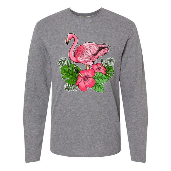 Inktastic Flamingo with Tropical Flowers Long Sleeve T-Shirt