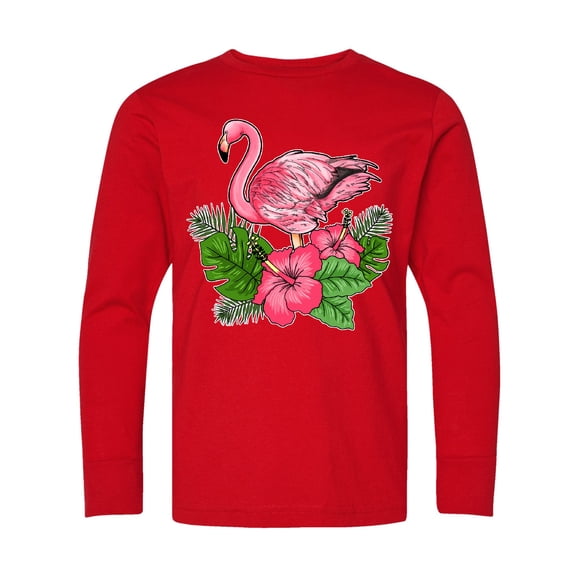 Inktastic Flamingo with Tropical Flowers Long Sleeve Youth T-Shirt
