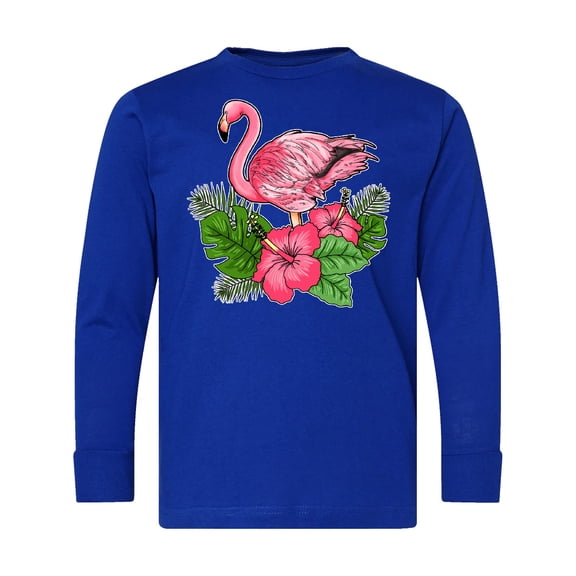 Inktastic Flamingo with Tropical Flowers Long Sleeve Youth T-Shirt