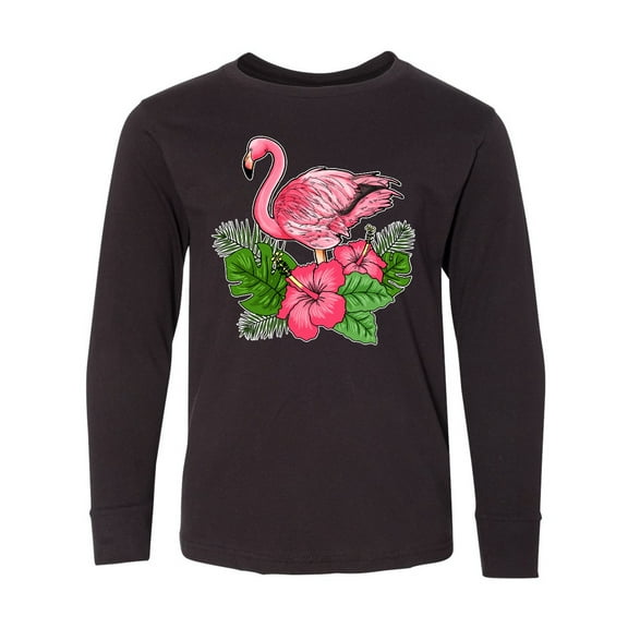 Inktastic Flamingo with Tropical Flowers Long Sleeve Youth T-Shirt