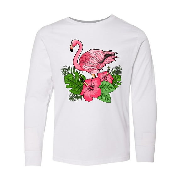 Inktastic Flamingo with Tropical Flowers Long Sleeve Youth T-Shirt