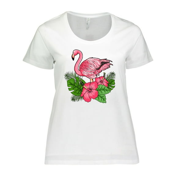 Inktastic Flamingo with Tropical Flowers Women's Plus Size T-Shirt