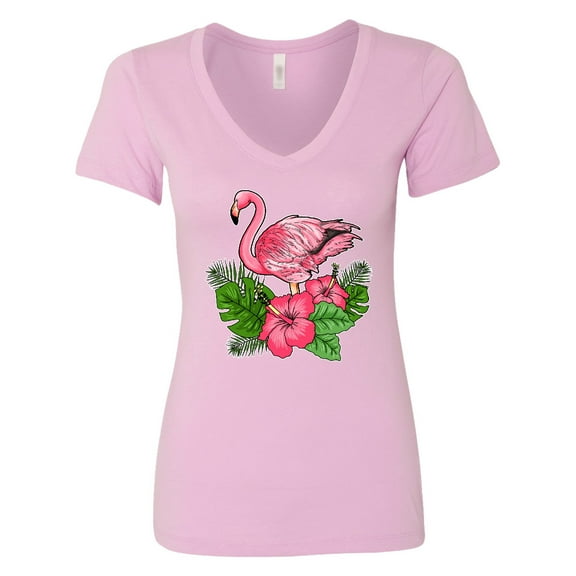 Inktastic Flamingo with Tropical Flowers Women's V-Neck T-Shirt