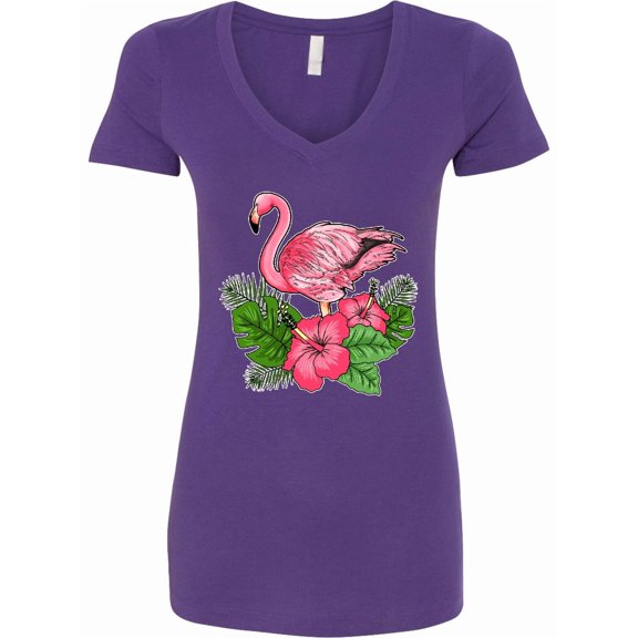 Inktastic Flamingo with Tropical Flowers Women's V-Neck T-Shirt