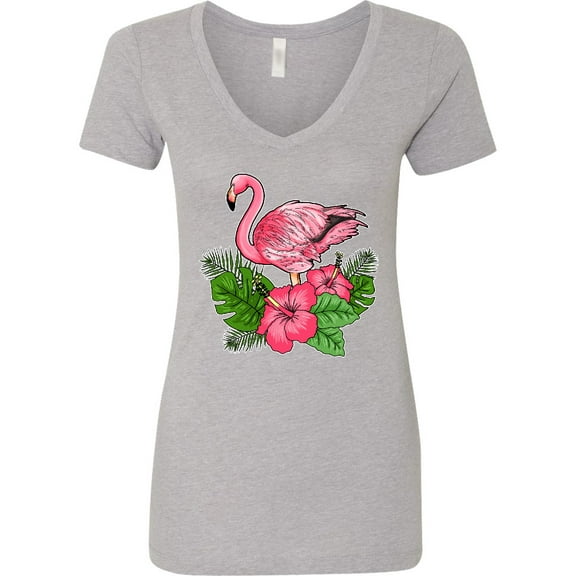 Inktastic Flamingo with Tropical Flowers Women's V-Neck T-Shirt