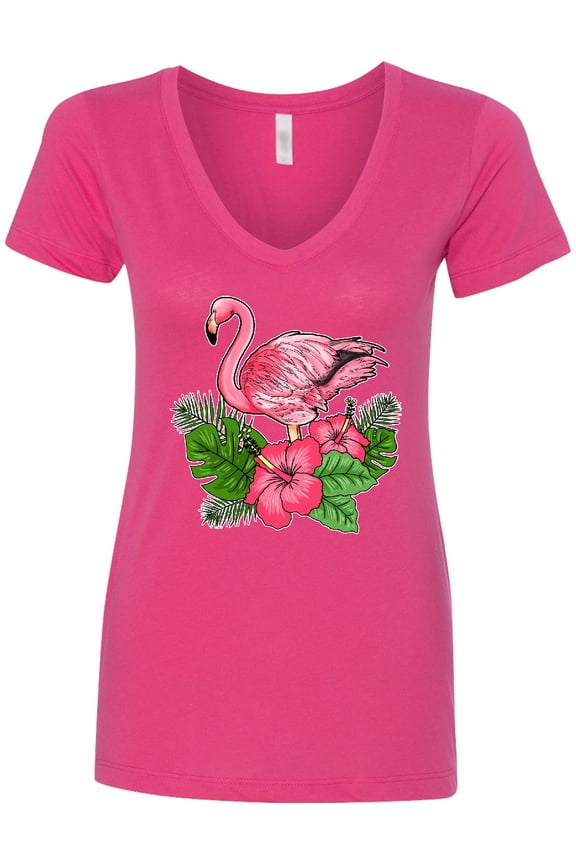 Flamingo with Tropical Flowers Women's V-Neck T-Shirt