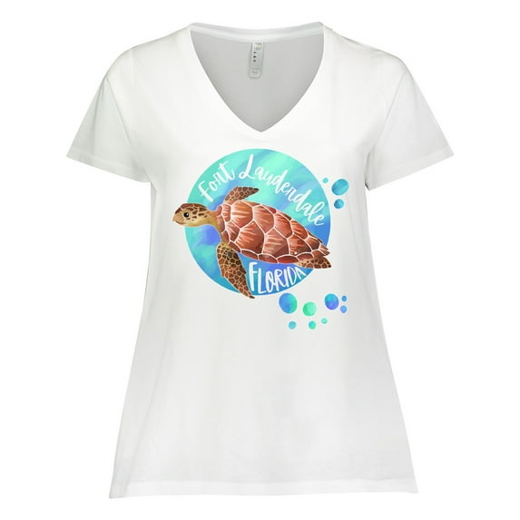Inktastic Fort Lauderdale, Florida Swimming Sea Turtle with Bubbles Women's Plus Size V-Neck T-Shirt