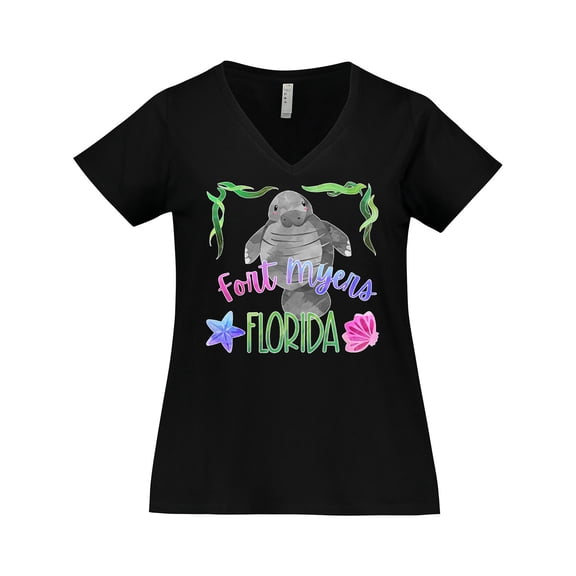 Inktastic Fort Myers Florida Cute Swimming Manatee Women's Plus Size V-Neck T-Shirt