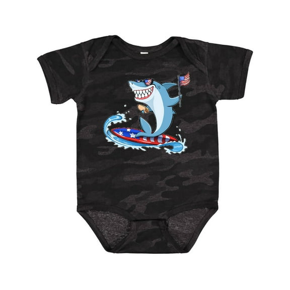 Inktastic Fourth of July Shark Surfing Boys or Girls Baby Bodysuit