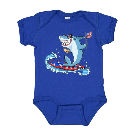 Inktastic Fourth of July Shark Surfing Boys or Girls Baby Bodysuit