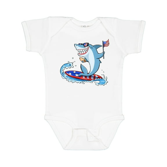 Inktastic Fourth of July Shark Surfing Boys or Girls Baby Bodysuit