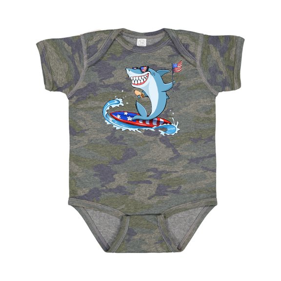 Inktastic Fourth of July Shark Surfing Boys or Girls Baby Bodysuit