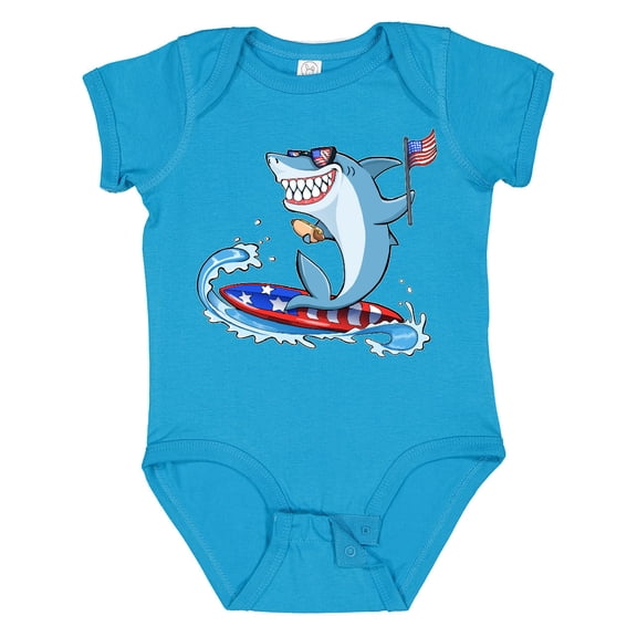 Inktastic Fourth of July Shark Surfing Boys or Girls Baby Bodysuit