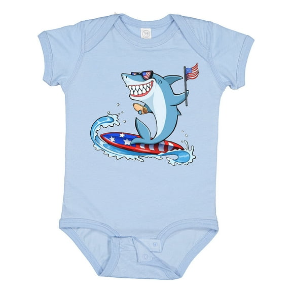 Inktastic Fourth of July Shark Surfing Boys or Girls Baby Bodysuit