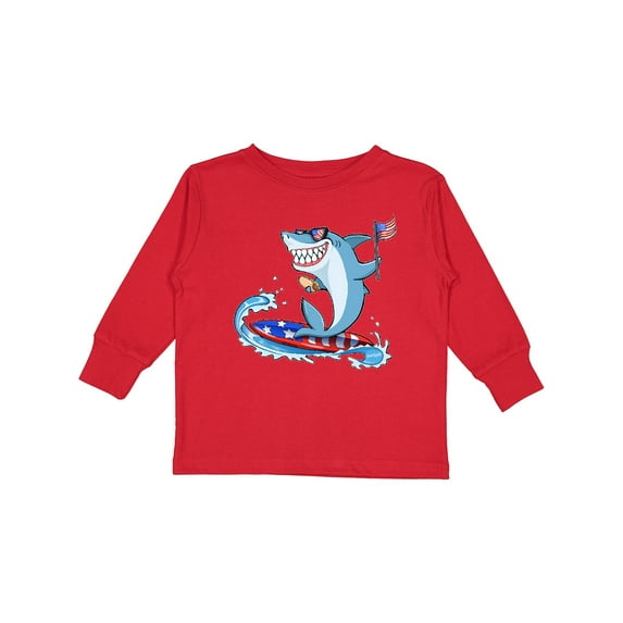 Inktastic Fourth of July Shark Surfing Boys or Girls Long Sleeve Toddler T-Shirt