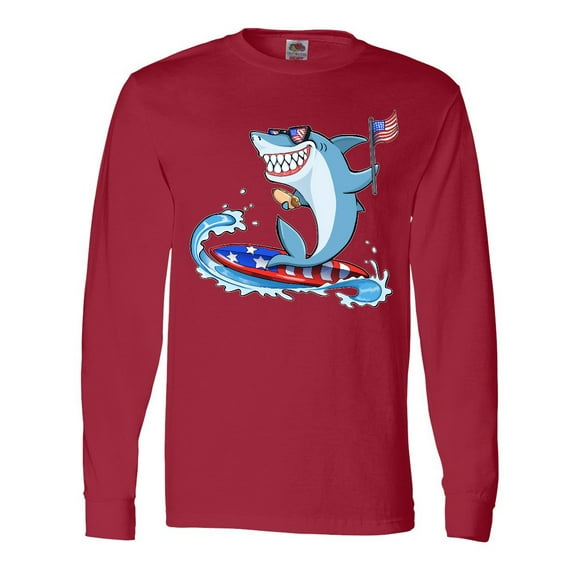 Inktastic Fourth of July Shark Surfing Long Sleeve T-Shirt