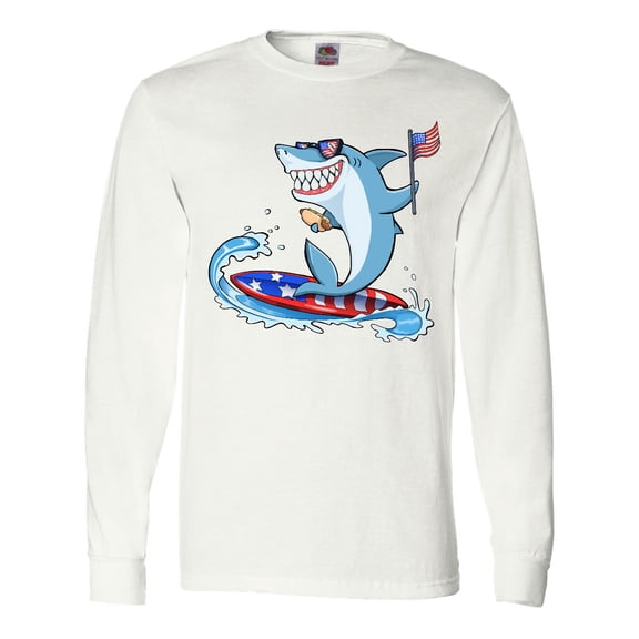 Inktastic Fourth of July Shark Surfing Long Sleeve T-Shirt