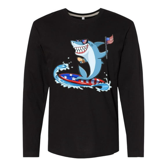 Inktastic Fourth of July Shark Surfing Long Sleeve T-Shirt