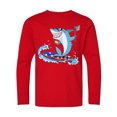 thumbnail image 1 of Inktastic Fourth of July Shark Surfing Long Sleeve Youth T-Shirt, 1 of 5