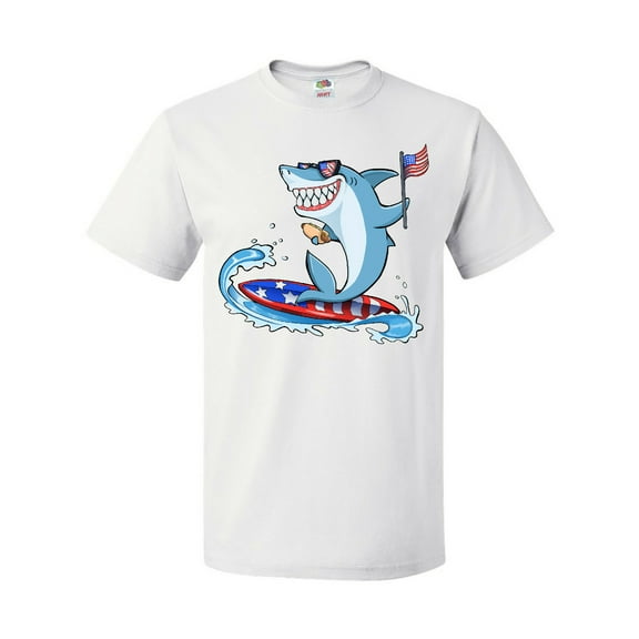 Inktastic Fourth of July Shark Surfing T-Shirt