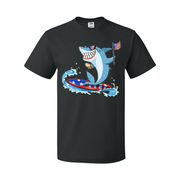 Inktastic Fourth of July Shark Surfing T-Shirt
