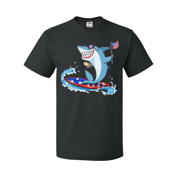 Inktastic Fourth of July Shark Surfing T-Shirt