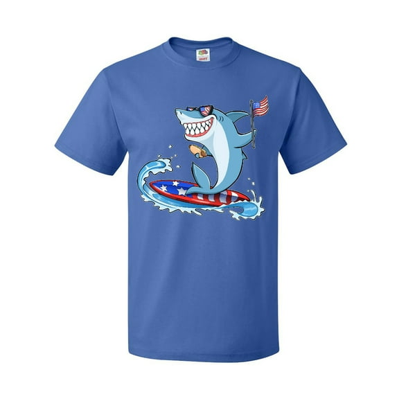 Inktastic Fourth of July Shark Surfing T-Shirt