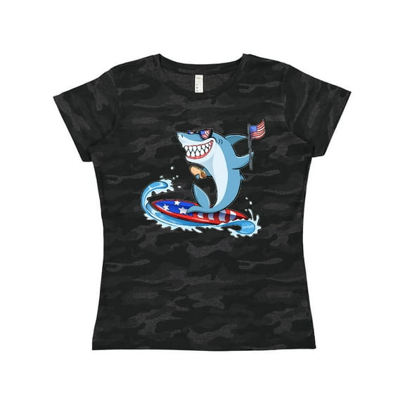 Inktastic Fourth of July Shark Surfing Women's T-Shirt