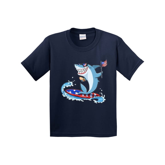 Inktastic Fourth of July Shark Surfing Youth T-Shirt