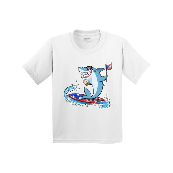 Inktastic Fourth of July Shark Surfing Youth T-Shirt