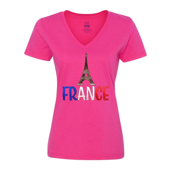 Inktastic France Eiffel Tower Flag in Text Women's V-Neck T-Shirt