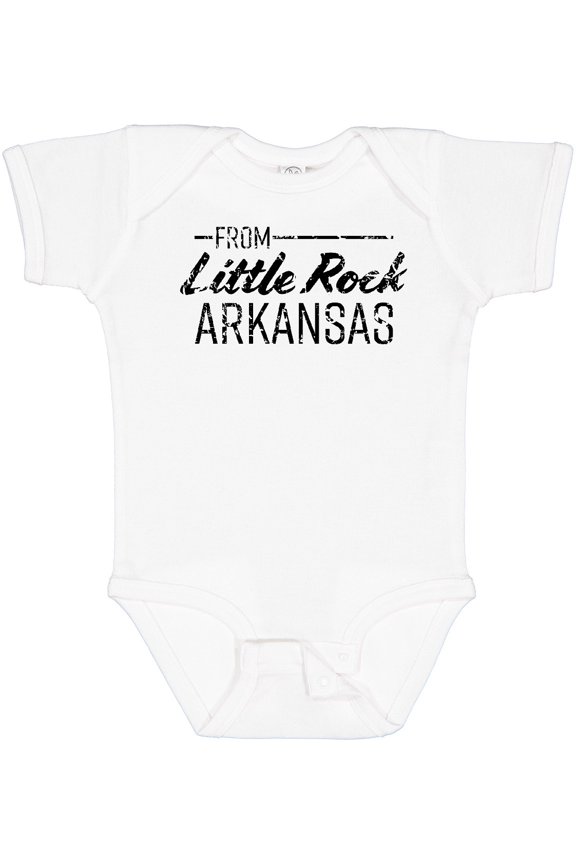 From Little Rock Arkansas in Black Distressed Text Boys or Girls Baby Bodysuit