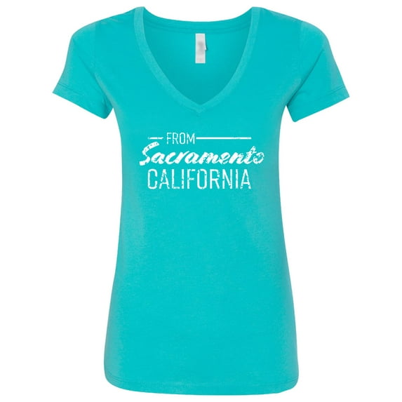 Inktastic From Sacramento California in White Distressed Text Women's V-Neck T-Shirt