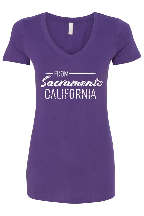 From Sacramento California in White Distressed Text Women's V-Neck T-Shirt