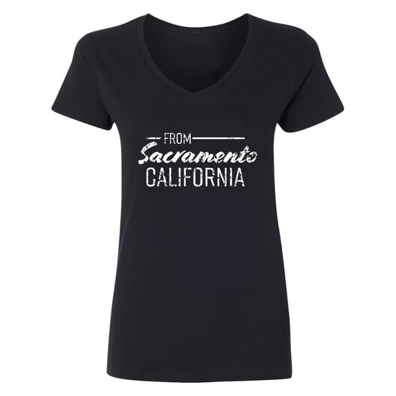 Inktastic From Sacramento California in White Distressed Text Women's V-Neck T-Shirt