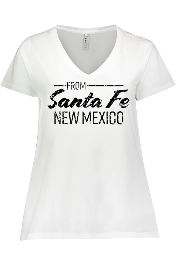 From Santa Fe New Mexico in Black Distressed Text Women's Plus Size V-Neck T-Shirt