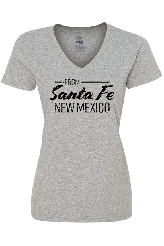 From Santa Fe New Mexico in Black Distressed Text Women's V-Neck T-Shirt