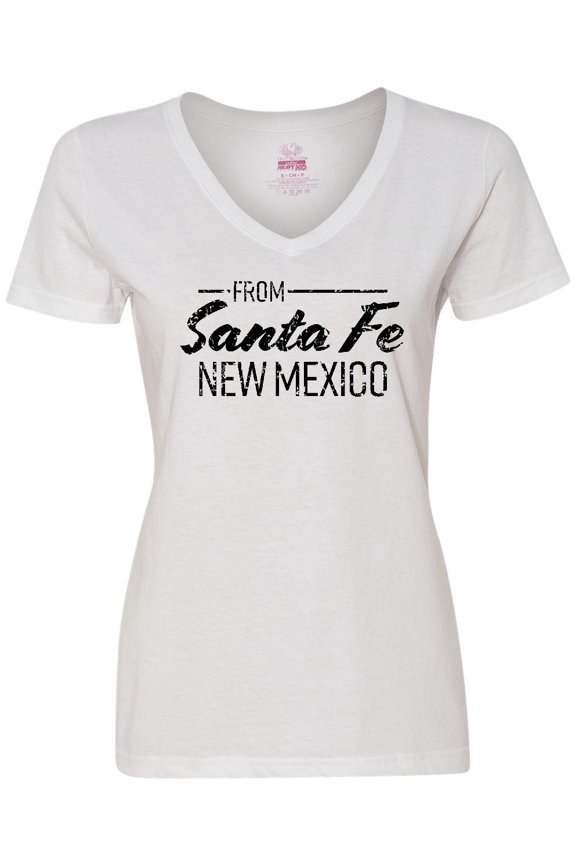 From Santa Fe New Mexico in Black Distressed Text Women's V-Neck T-Shirt