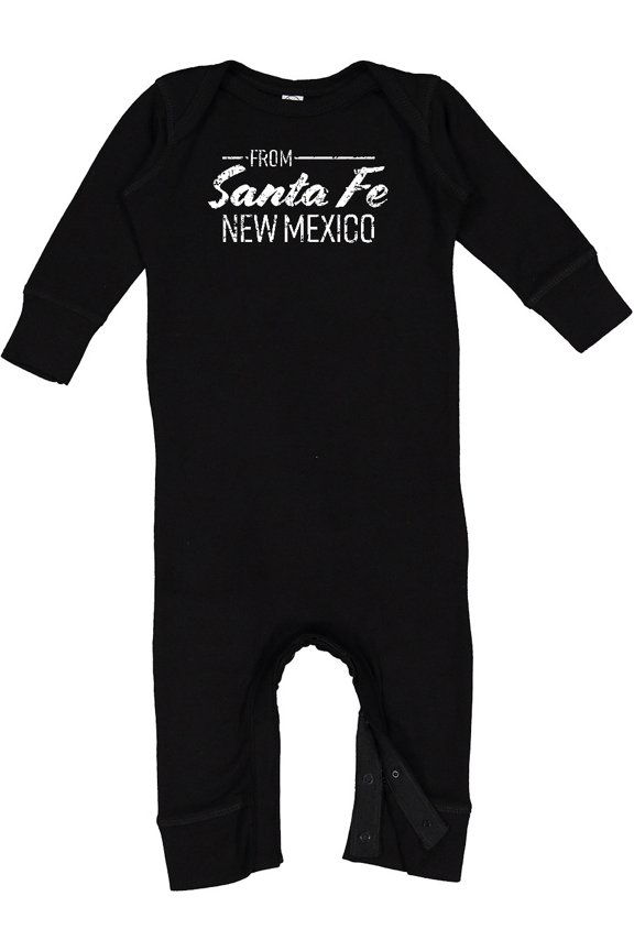 From Santa Fe New Mexico in White Distressed Text Baby Romper Coveralls